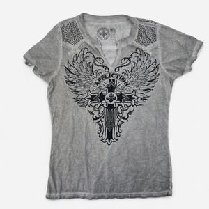 Y2K Affliction Gray Graphic Tee With Black Rhinestone Embellishments